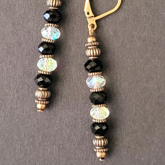 Black White CRYSTAL Rondelle EARRINGS Copper Brass Lever Back Earwires Art Deco - Picture 4 of 5